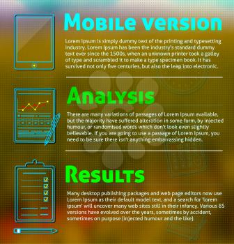 Set of office and business work elements neon icons witx text on blur backround. Mobile version, analysis and results concept