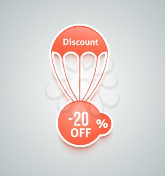 Set of paper red parachutes with discount text on retro style background