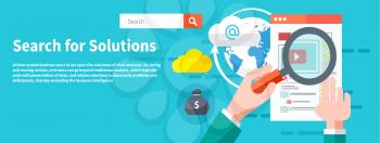 Search for solutions infographics. Hand holding classic styled magnifying glass and analyze website in flat design style