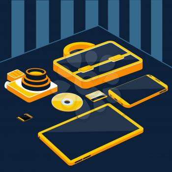 Briefcase camera smartphone tablet sd memory card bank card on table 3D flat design cartoon style. Business concept