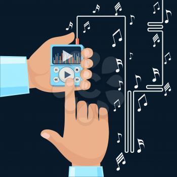 Playing music in Mp3 player hands on background with notes. Finger presses button play flat design cartoon style. Touchphone with connected headphones