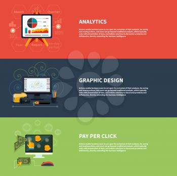 Icons for web design analytics graphic design and pay per click internet advertising in flat design. Raster version