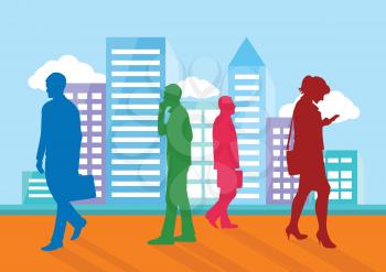 Silhouettes of people going about their business on city background. Man with briefcase woman with phone cartoon design style