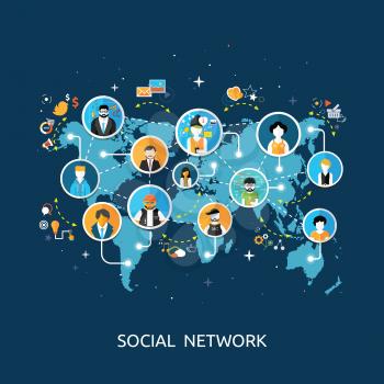 Social media network connection concept. People in a social network. Concept for social network in flat design. Globe with many different people's faces