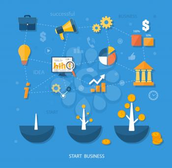 Business start infographics template. Scheme with linked, icons and gears. Tree with coins money grows flat design style