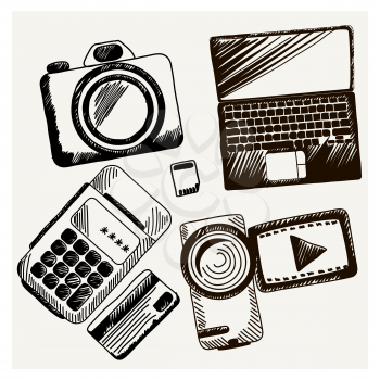 Business doodles icons Sheet of paper with video camera laptop cash mashines in sketch style