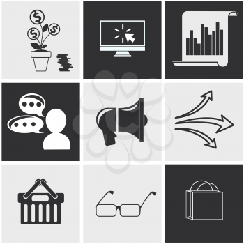 Icons for seo, social media, online shopping, business idea, business tools, money tree with coins in black and white color
