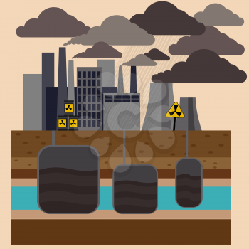 Power plant smokestacks emitting smoke over urban cityscape in cartoon style. Smokestack in factory with black yellow sky and clouds