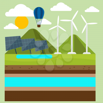 Renewable energy like hydro, solar, geothermal and wind power generation facilities cartoon style