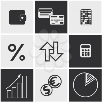 Set of money, finance, banking icons black and white color