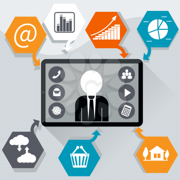 Business concept with icons of contacts, home page, finance, network, career. Man in smartphone with touchscreen icons