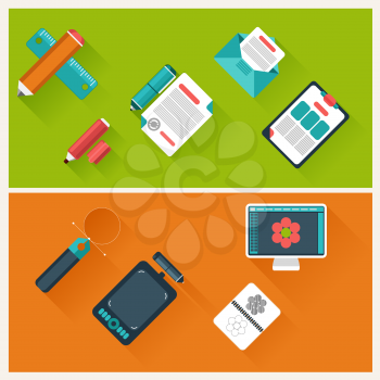 Top view of workplace with office supplies, digital devices and documents flat design