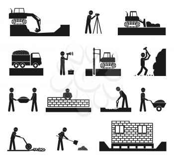Set of builder construction industry management icons, civil engineering and management in black color on white background