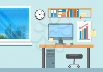 Modern office interior with designer desktop in flat design. Modern business workspace in the office with window