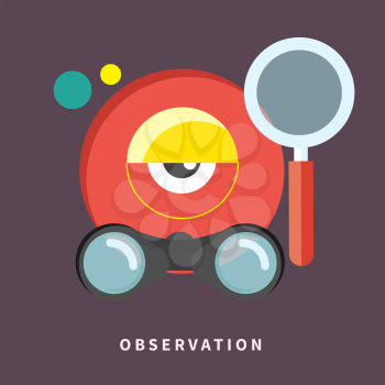 Icon with webcam, binoculars and magnifying glass for observation and monitoring in flat design