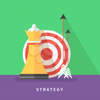Concept icon for business strategy, mission, analytics with chess queen, target and arrows flat design style
