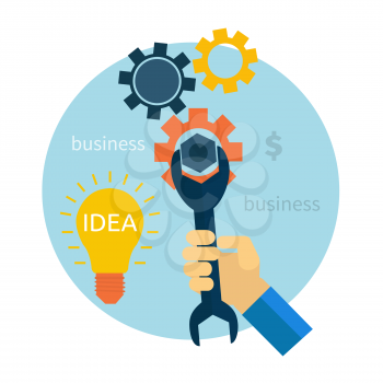 Light bulb with gears and cogs working together concept in flat design style. Hand with wrench. Repair icon