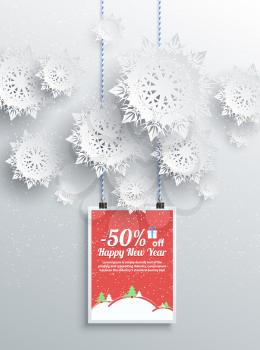Merry Christmas background discount percent with snowflake and poster with text. Winter Christmas sale design elements