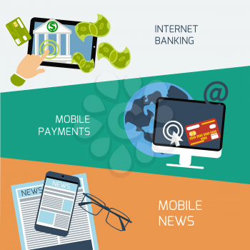 Set of concepts for mobile news, mobile payments and internet banking in flat design