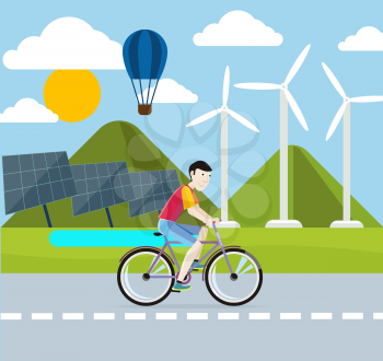 Man riding his bike on the road of environmentally friendly planet.  Eco concept with wind turbine, solar panel, hot air balloon