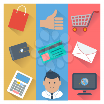 Set of online shopping, e-commerce and payment methods icons in flat design with long shadow