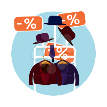 Perfect clothes and a hat in the store on sale flat design style