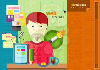 Professions concept with male web designer on workplace with tablet and different designer tools
