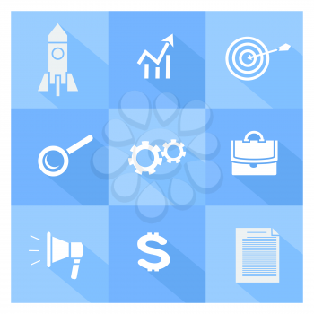 Icon set of start up, target, mission, finance, social media, documents and services symbols with long shadow