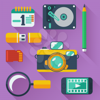 Set of data storage devices icons with digital camera, smartphone, HDD, memory card, USB and organizer