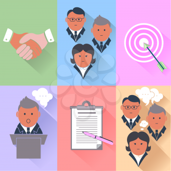 Set of human resources, teamwork, management and business partnership icons with long shadows
