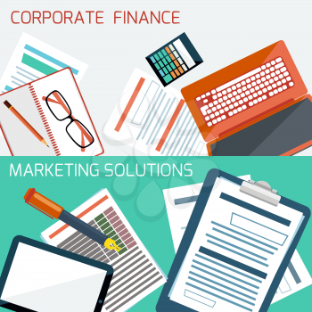 Flat design of finance analysis, analytics, planning and marketing plan, strategy, research