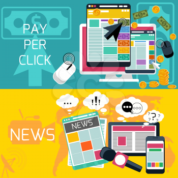 Mass media journalism news concept flat business icons of newspaper paparazzi profession. Pay per click internet advertising model when the ad is clicked