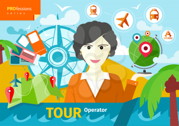 Professions concept with female travel agent holding globe with pointers surrounded  elements of travel and tourism