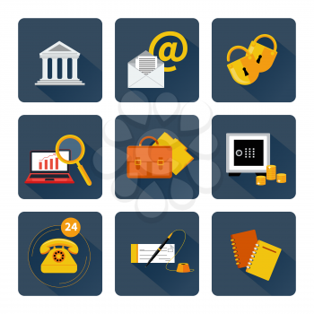 Set of 9 square icons for finance and banking services, support and security