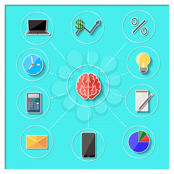 Concept of business thinking with brain symbol that surrounded financial and business icons on blue background