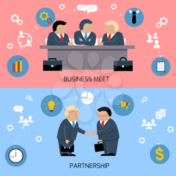 Concept for business meeting, teamwork, partnership with handshake and discussion at the meeting table of businessmen in suits