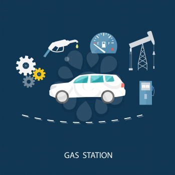 Car in gas station. Fuel petrol dispenser pump handles and pillars. Fueling in flat design style