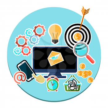 Concept icon of mobile and web services, applications with computer surrounded services pictograms flat design