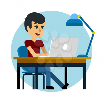 Man working with laptop on table. Flat design cartoon style