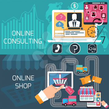 Concept of e commerce, online shopping, delivery and online consulting, support service with laptop and digital tablet flat design