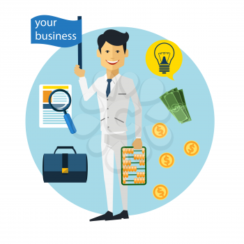 Happy businessman with money, briefcase and lamp, flat design style