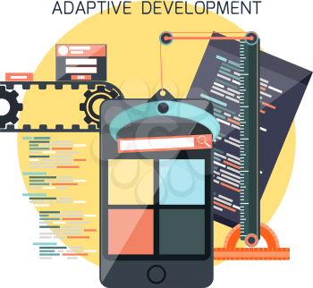 Icons for adaptive application development in flat design. Smartphones with site coding pencil and building crane ruller