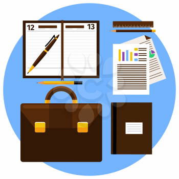 Concept of workplace with briefcase and different office objects in flat design