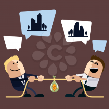 Two businessman pulling rope in middle of which sack bag wiyh money for dream and bubble for text cartoon flat design style