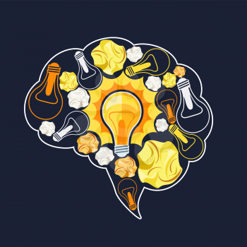 Brain inside which glowing light bulb and crumpled sheets of paper. Business idea concept cartoon flat design style