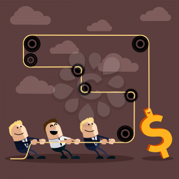 Happy businessman pulling rope with dollar through several intermediaries gears cartoon flat design style