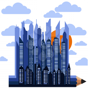 Futuristic city on pencil in clouds with sun on white background cartoon flat design style