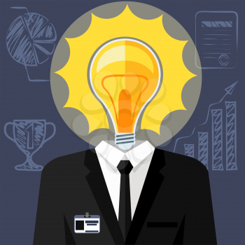 Bulb headed man. Business man in suit with lightbulb in place of head. Idea concept cartoon flat design style