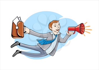 Young businessman with megaphone and briefcase flying high in sky. Flying business hero. Business idea concept in cartoon design style