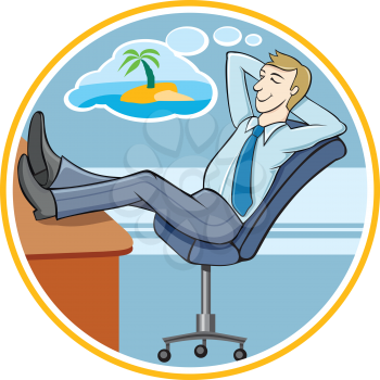 Business man sitting on chair and dreaming about his holidays cartoon design style